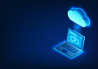 Computer technology linked to the clouds above along with technology circuit It means uploading data through the cloud system via an internet signal.