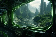 Rendered Spaceship View With Green Windows. Generative AI