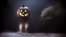 The Pumpkin Monster, A Glowing Pumpkin Head With Disappearing Legs In The Middle Of A Dark Misty Forest, A Halloween Illustrated Animated Spooky Short Video.