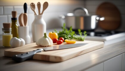 Wall Mural - Close up modern kitchen table with cutting or chopping board, vegetables and knife. Indoor background with selective focus.