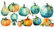 Watercolor painting of a pumpkins in teal color tone.