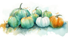 Watercolor Painting Of A Pumpkins In Turquoise Color Tone.