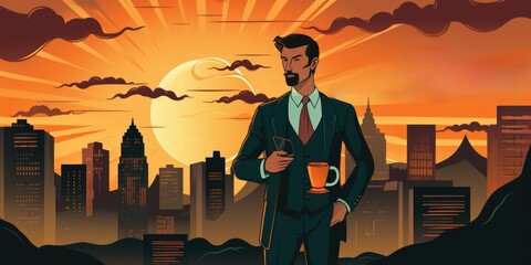 Wall Mural - A man in a suit holding a cup of coffee. AI.