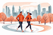 Winter Jogging. Couple In Warm Things Is Running Winter City. Vector Illustration Concept For Running, Healthy Lifestyle, Exercising, Sport