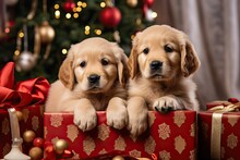 Golden Retriever Puppies Sitting Next To Beautifully Wrapped Christmas Presents