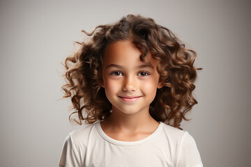 Wall Mural - Happy Caucasian little preschool girl in casual clothes on white background