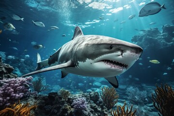 Wall Mural - Shark underwater. Background with selective focus and copy space