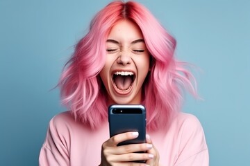 Happy young woman with colored hair and a smartphone in her hands laughs and screams