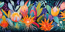 A Pattern Of Tropical Plants With Colorful Fruits And Flowers