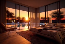 luxury bedroom with views of the pool and sunset in the evening. ai generative
