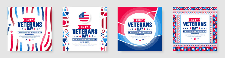 Wall Mural - happy Veterans Day social media post banner design template set with american flag. Honoring all who served. background, banner, placard, card, and poster design template. Vector illustration.