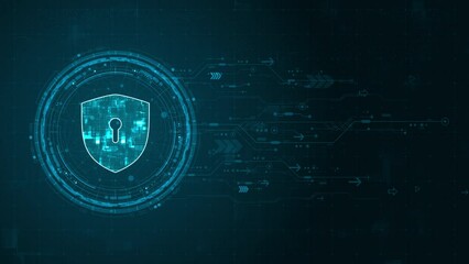 Wall Mural - Motion graphic of Blue digital security shield logo and circle futuristic HUD elements with flowing arrows with network firewall technology and data secure concepts on abstract background