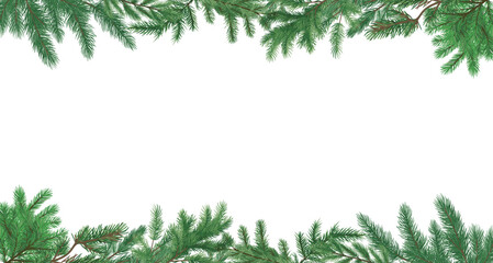 christmas border of branches. spruce twigs background. pine leaves isolated on a transparent backgro
