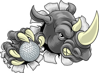Wall Mural - A Rhino Rhinoceros mean tough cartoon sports animal mascot holding a golf ball