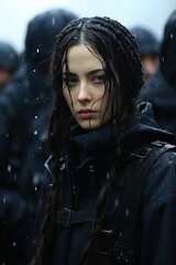 Wall Mural - a woman with braided hair and a black hat in the rain