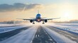 © Fly Frames - Airplane fly up over take-off runway the snow-covered airport