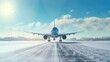 © Fly Frames - Airplane fly up over take-off runway the snow-covered airport