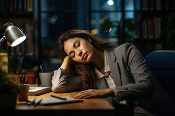 Tired overworked businesswoman sleeping in office on the table at her workplace