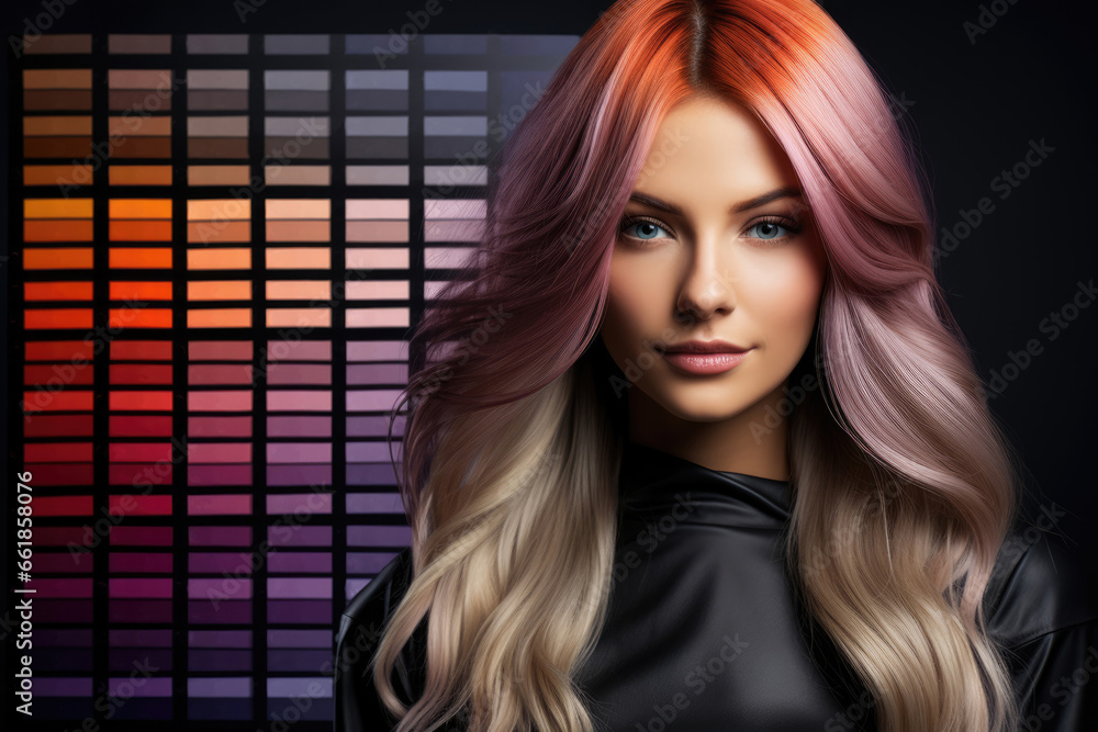 Woman on background with set of hair dye colors palette Stock Photo ...