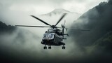 Fototapeta  - Army helicopter flies over foggy mountains