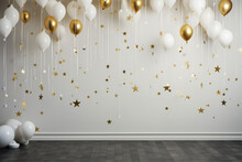 An Elaborate Background With White Balloons And Stars For A Happy New Year And Merry Christmas