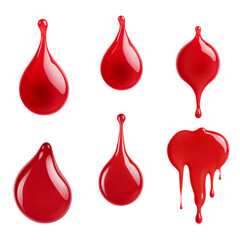 Wall Mural - Set of red drops and splashes of ketchup or sauce isolated on transparent background