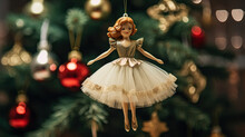 Christmas Tree Ornament Shaped Like A Ballerina Hanging On The Christmas Tree.