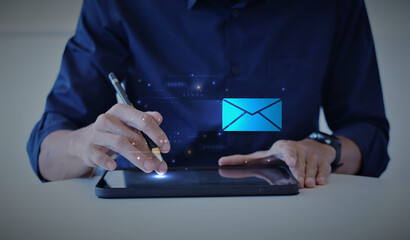 Aufkleber - Email communication concept. Hand of businessmen send emails or digital newsletters to customers.