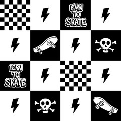 Wall Mural - Vector skateboard seamless pattern. Checkered Skate background texture. Skateboarding doodle illustration. Vector seamless repeat pattern.