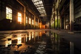 Fototapeta  - Abandoned factory with light and wet floor. Generative AI