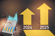 2024 to 2025 and yellow arrow on abstract background, business recovery success concept and growth idea