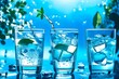 Beautiful nature drink background. Fresh mineral cold water in glasses and ice. Healthy lifestyle. Detox diet. Food ecology drinking. Soda blue water. Aqua life. Close up
