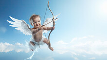 Baby Cupid Angel With Wings Bow And Arrow Flying On The Blue Sky Background.