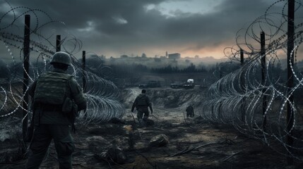 Canvas Print - Razor Wire and Soldiers