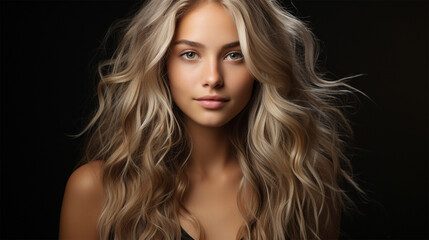 Beautiful smiling woman with long blonde wavy hair on a black background. Girl with beautiful hairstyle. content for a beauty salon and spa center. 