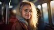 © Fly Frames - Portrait of positive female passenger traveling in bus