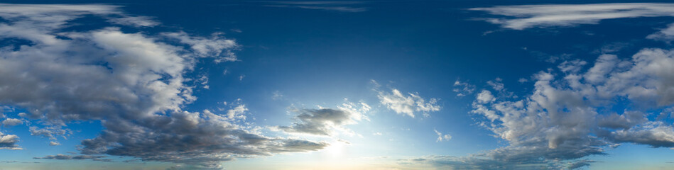 Wall Mural - 360 vr 2:1 equirectangular sunset blue sky with clouds background overlay. ideal for 360 vr sky repl