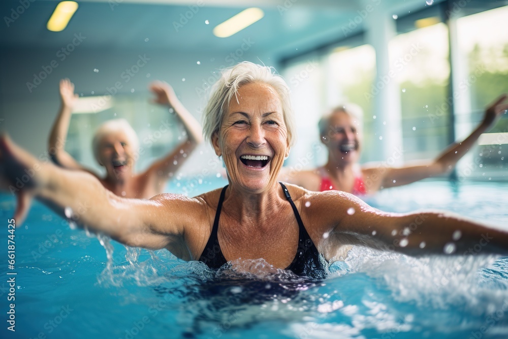 Seniorenschwimmen in der Schwimmhalle. Glückliche Rentner beim ...
