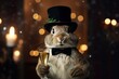Hase zu Silvester mit Zylinder auf dem Kopf. Kaninchen trinkt Sekt und ist festlich angezogen zur Feier. Neujahr Begrüßung als Grußkarte mit Glücksbringer wie einen Schornsteinfeger Anzug.