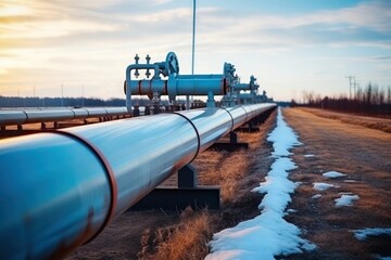 Wall Mural - Part of a large pipeline at a gas or oil distribution terminal. Liquefied natural gas and oil and their transportation are one of the basic parts of the modern world economy