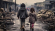 Two children flee hand in hand from a war zone
