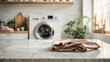© anandart - Empty white marble table with washing machine background in home laundry room, space for text and for montage product display