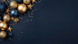 Fototapeta Góry - Modern Blue Christmas background with gold stars, balls. Greeting card design, Happy New Year