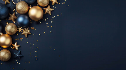 Modern Blue Christmas background with gold stars, balls. Greeting card design, Happy New Year