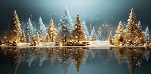 Snowy Forest with Shiny Gold Baubles - AI Generated