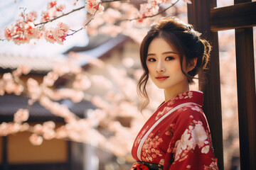 Wall Mural - Elegant kimono lady embraces cherry blossom season