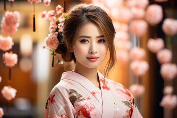 Wall Mural - A beautiful woman in traditional Japanese clothing enjoying cherry blossoms