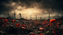 Photos Of A World War One Battlefield With Poppies Under Dark Skies. 
