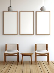 Two wooden chairs in a room with posters on the wall. 3d rendering