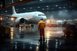 Airport ground crew worker checking airplane